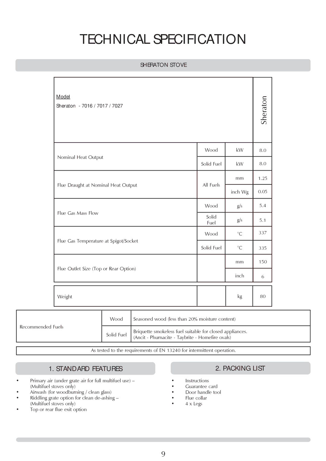 Stovax 7027, sheraton free standing stove manual Technical Specification, Standard Features, Model Sheraton 7016 / 7017 